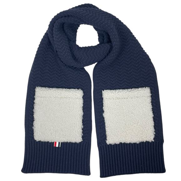 Thom Browne Shearling Trimmed Knit Wool Scarf Navy Blue Men 85" - Picture 4 of 9